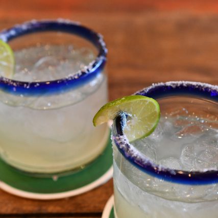 Two Margaritas - Blue Rimmed Glasses - Lime Wedge